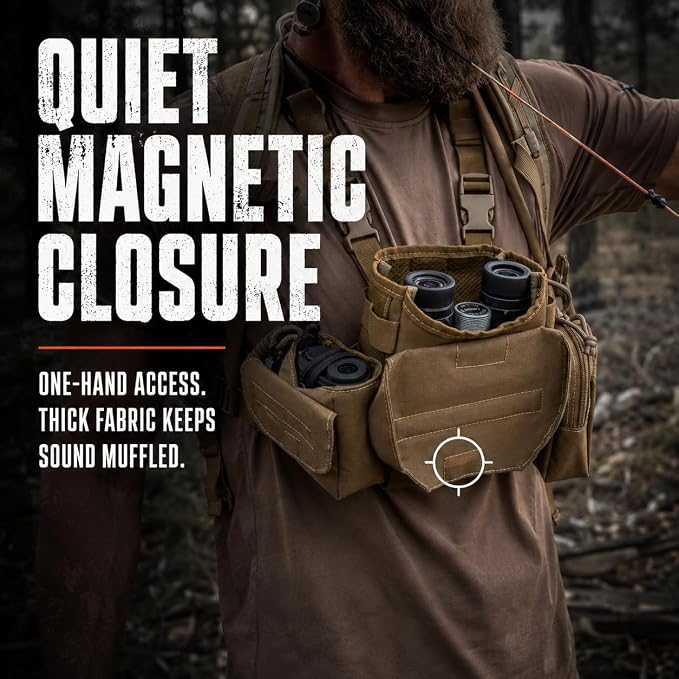 Binocular Harness Chest Pack - Bino Harness Hunting Chest Rig | Waterproof 500D Cordura case, silent magnetic closure, MOLLE rangefinder pouch, elk deer glassing