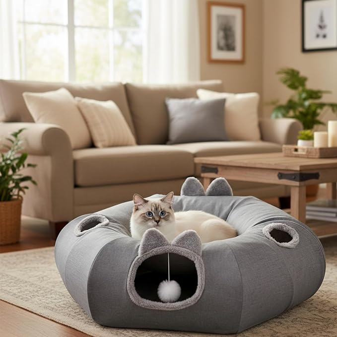 Linen Cat Tunnels with Central Cat Bed, Interactive Cat Toys Detachable Washable Soft Mat Large Indoor Play Tunnel Cave for Kittens and Small Animals