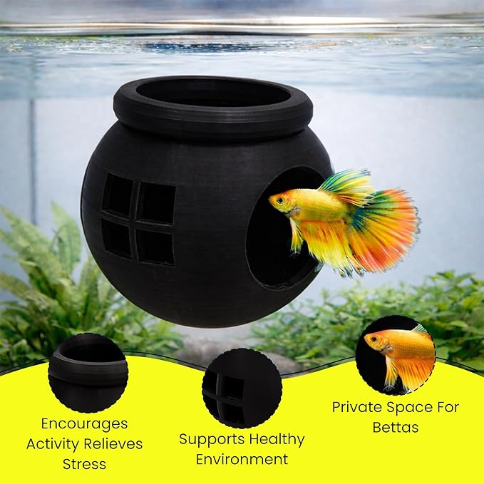 Floating Cozy Betta House, Natural Floating Betta Hide Out, Aquarium Fish Hammock, Relaxing & Stress Relief, Suction Cup Included, 2.9" W x 2.6" H (Black)
