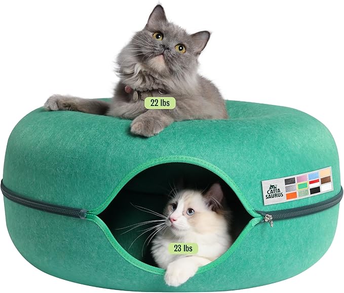 Peekaboo Cat Cave Donut for Multiple & Large Cats up to 30-45 lbs, 3-in-1 Self Warming Cat Bed, Tunnel & Scratcher for Indoor Cats, Washable & Detachable Dog Bed (Forest Green, Large)