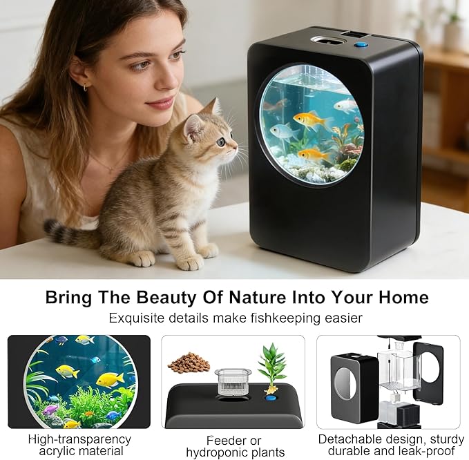 Betta Fish Tank 0.3 Gallon mini Desktop Fish Tank, Aquarium Starter Kits, Small Fish Tank for Office, Home, Bedroom, School, Store, Outdoor Garden, Lawn