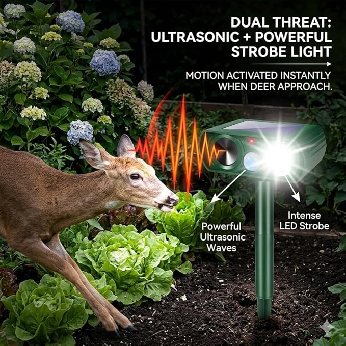 2026 Upgraded Sonic Fortress Pro Deer Repellent Outdoor,Solar Ultrasonic Animal Repellent with Motion Sensor&Flash Light-IP65 Waterproof Raccoon Fortress Pro for Squirrel,Cat-Garden&Yard 4Pack
