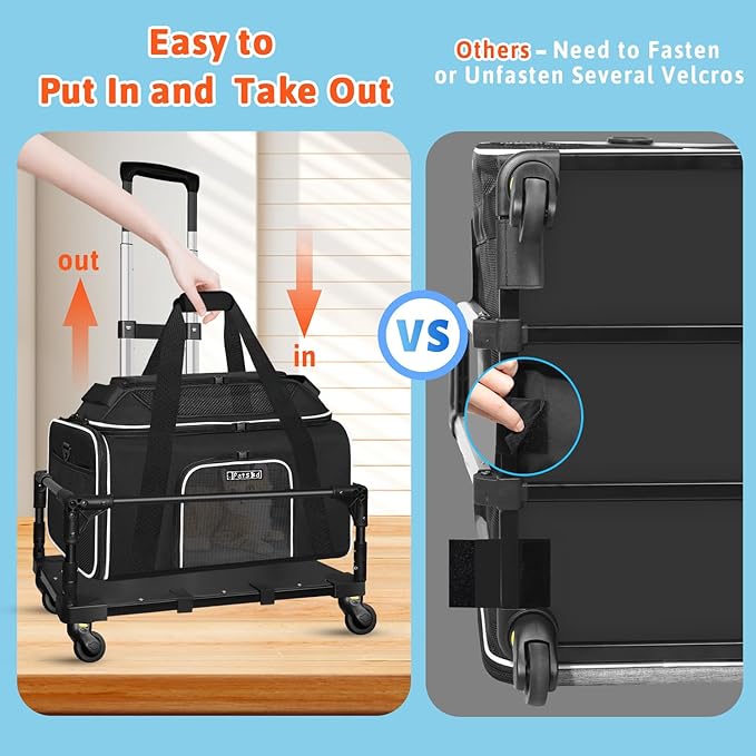 Top-Expandable Small Pet Carrier with Wheels Airline Approved | 17"x11"x9.5", for Alaska Airlines, Lockable Safety Zippers and Anti-Scratch Mesh, Pets Under 10 Lbs, Black