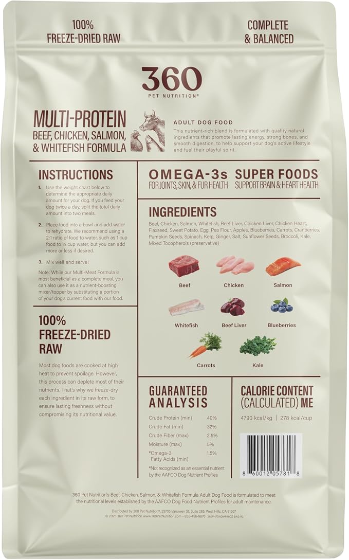 360 Pet Nutrition Freeze-Dried Raw Dog Food – Multi-Protein with Beef, Chicken, Fish, Liver & Organs, High Protein, Omega-3s, Fruits, Veggies & Superfoods, Grain-Free, No Fillers, 3 lb – Made in USA