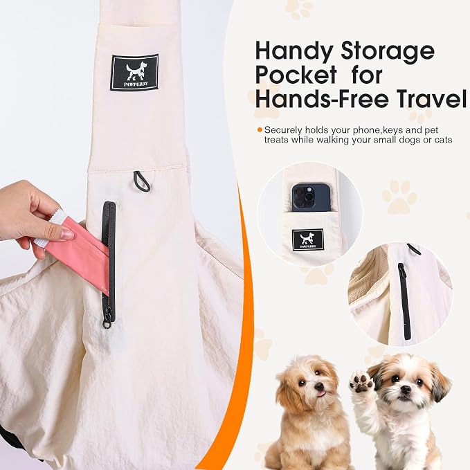 Dog Sling Carrier for Small Dogs & Cats 5-20 lbs, Adjustable Depth | Breathable Air Mesh Puppy Sling, Water-Resistant Travel Bag, Double Safety Leash, Machine Washable, Hands-Free Pouch, Apricot