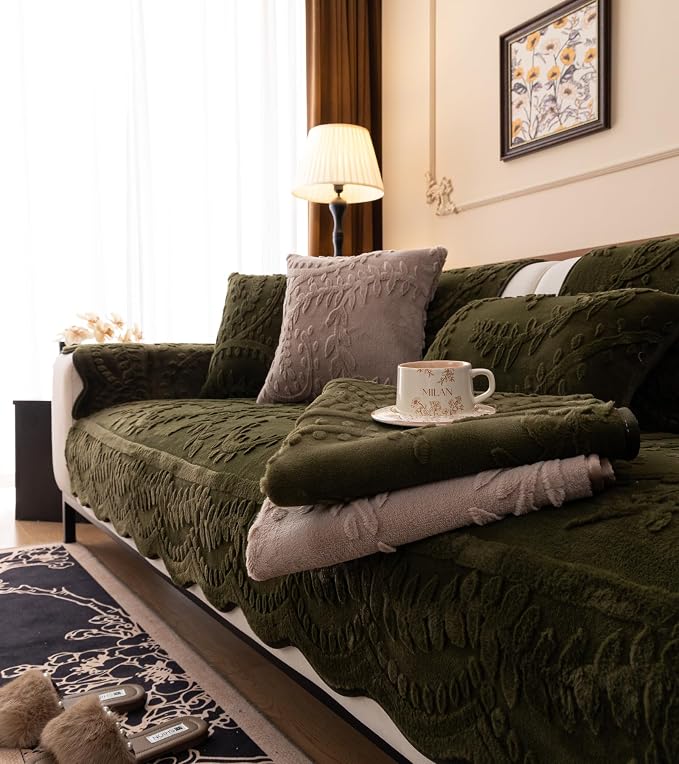 Green Fuzzy Rabbit Plush Sofa Cover Cozy Warm Sofa Couch Covers with 3D Jacquard Leaf Pattern Non-Slip Easy-to-Install Shaggy Sofa Slipcover Prefect for Kids Dogs Cats Cats(Green,36"x70")
