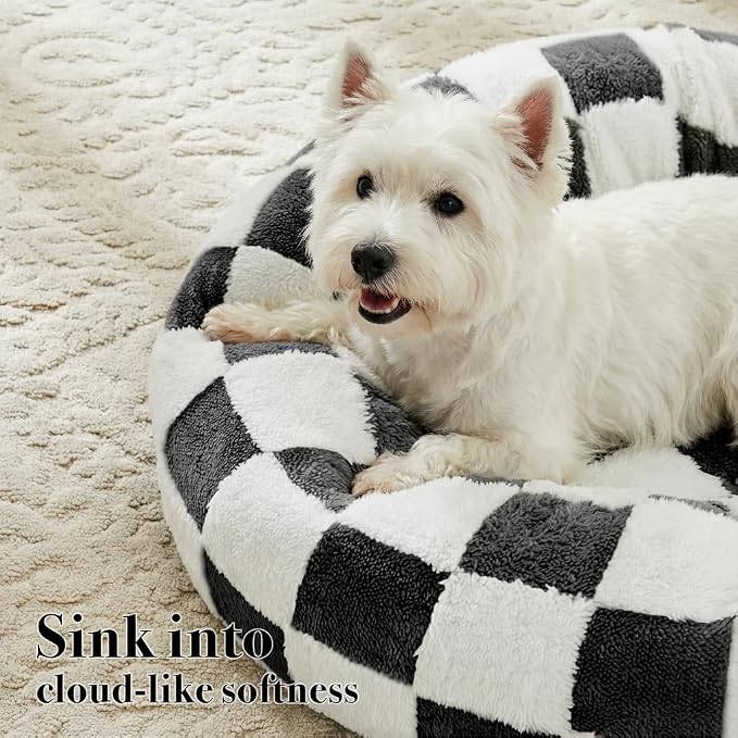 Ohocut Checkered Dog Bed, Cute Black White Retro Style Aesthetic Round Warming Pet Calming Beds for Small Dog and Cats, Plush Cozy Donut Dog Beds Washable, 30" L x 30" W x 8" Th
