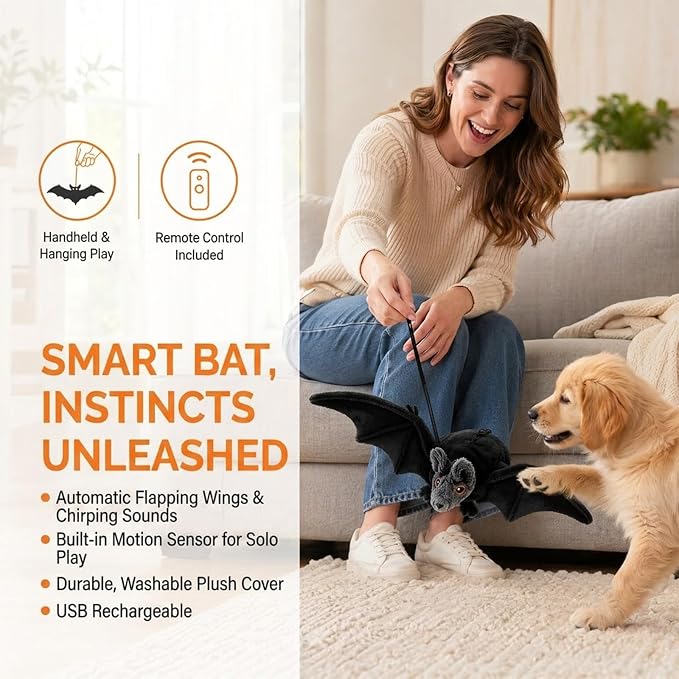 Interactive Flying Bat Dog Toy, Flapping Wings Cute Bat for Indoor Cats & Dogs, Automatic Flapping Wings with Chirping Sounds, Touch Activated, Rechargeable for Solo Play，Manual Switch