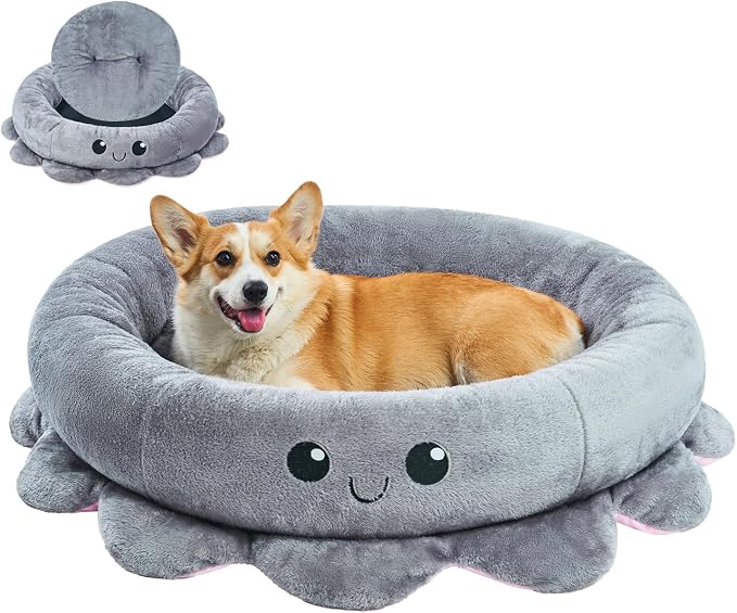 Cute Calming Dog Beds Clearance for Large and Extra Dogs, Anxiety Bolster Dog Bed with Octopus Shape, Grey, XL, Boho, Round Pet Bed Cat with Removable Cushion