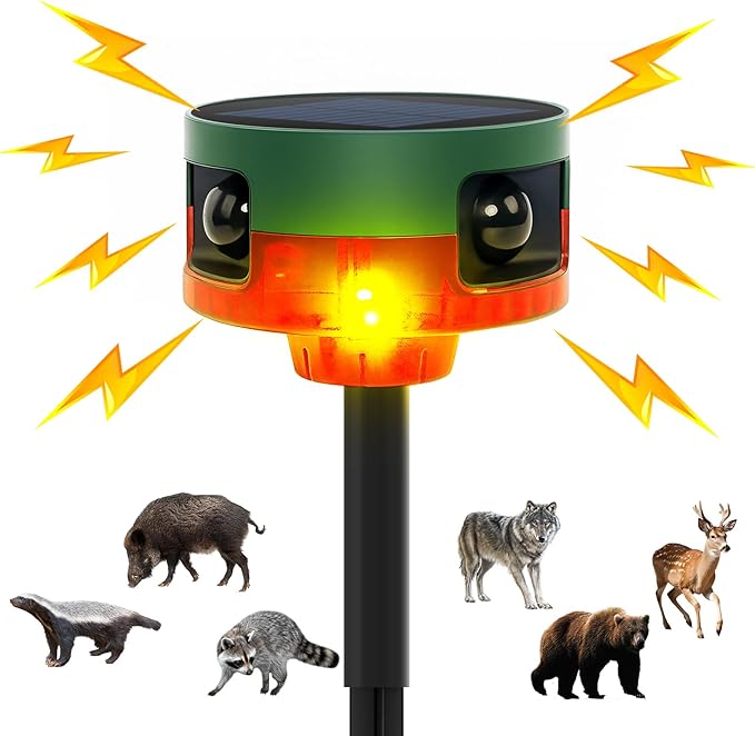 Solar Outdoor Motion Sensor Alarm, 130dB Dog Barking & Gunshot Sound, 13 Sounds, Strobe Light, Support Recording & Volume Control, Keeps Unwanted Animals Away from Yard, Garden, or Farm
