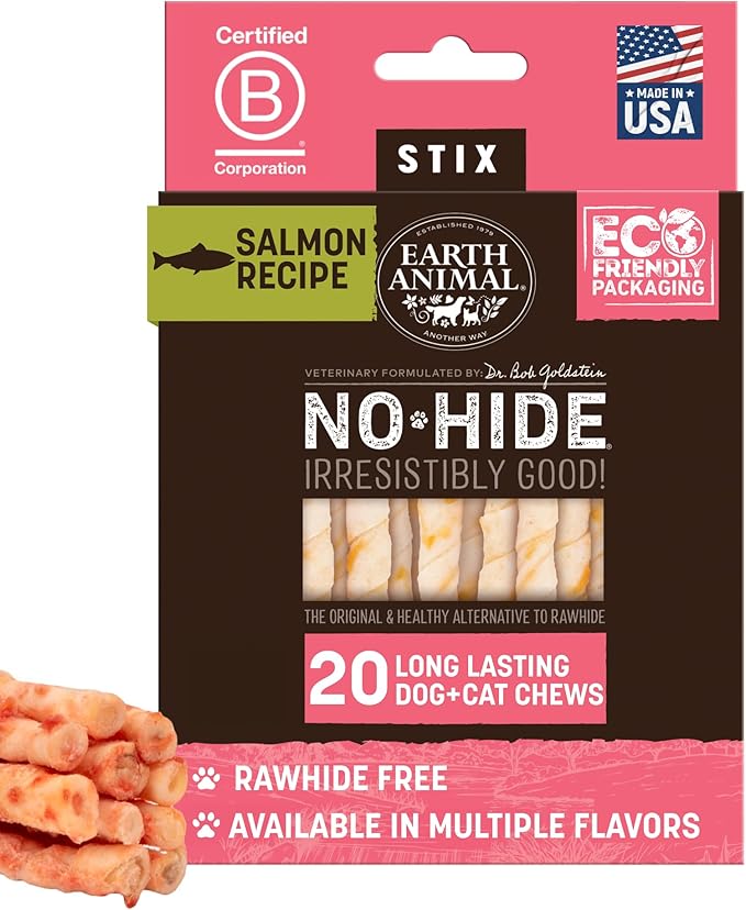 Earth Animal No Hide Stix - Rawhide Free Dog Chews Sticks 20 Count Salmon | Small Sticks Salmon Flavored Natural Rawhide Free Long Lasting Dog Chews - Treats for Small Dogs and Cats