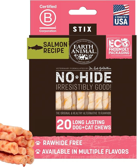 Earth Animal No Hide Stix - Rawhide Free Dog Chews Sticks 20 Count Salmon | Small Sticks Salmon Flavored Natural Rawhide Free Long Lasting Dog Chews - Treats for Small Dogs and Cats