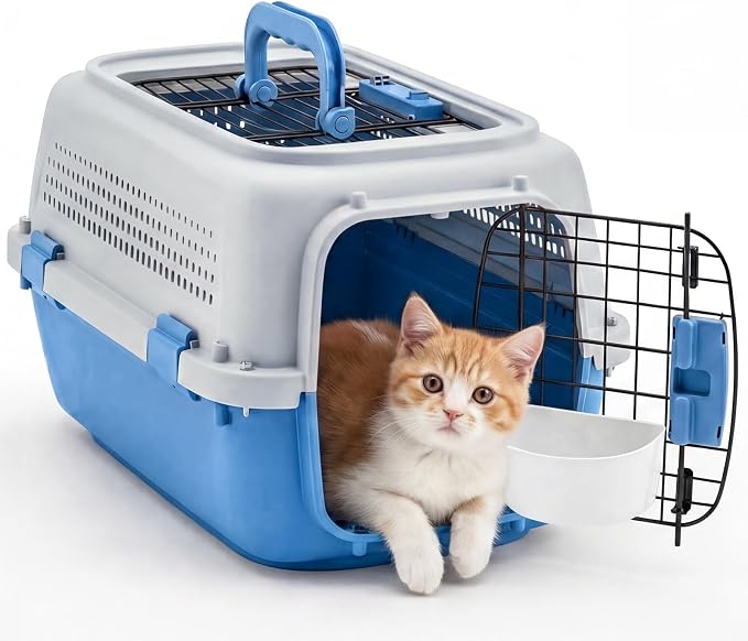 DUMOS 23" Hard-Sided Pet Carrier for Small Pets, 2 Door Cat Carrier - Blue | Airline Approved Dog Crate, Enhanced Security Latches, Front & Top Load Wire Door, Food Bowl for Traveling, Hiking, Camping