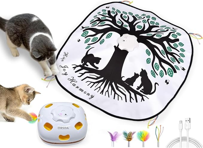 ORSDA Cat Toys for Indoor Cats 4 in 1 Interactive Automatic Cat Toys for Bored Indoor Adult Cats Kitten Toy Rechargeable 8 Hole Mice Whack-A-Mole, Hide and Seek, Moving Feather, 5PCS DIY Replacement