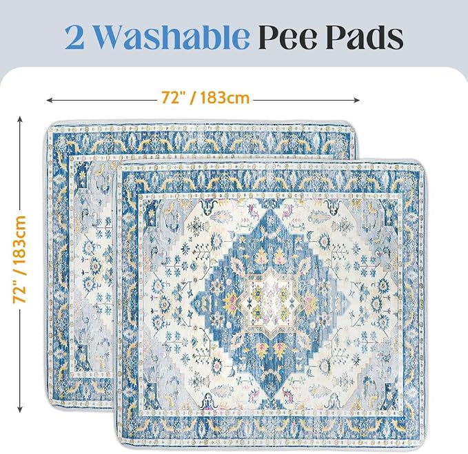Washable Pee Pads for Dogs, 2 Pack Reusable Puppy Training Pads 72"x72" Super Absorbent Waterproof Dog Training Pads, Non-Slip Potty Pads, Whelping Pads Litter Mat Blue Medallion