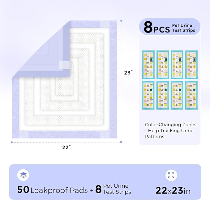 ZOMISIA 3D-Barrier Puppy Pee Pads for Dogs, 7 Cups Absorb & Rise Puffy Gel-Wall Leak-Proof, 22"x23" 50 Counts + 8 Pet Urine Test Strips, Super Absorbent Disposable Potty Training Pads