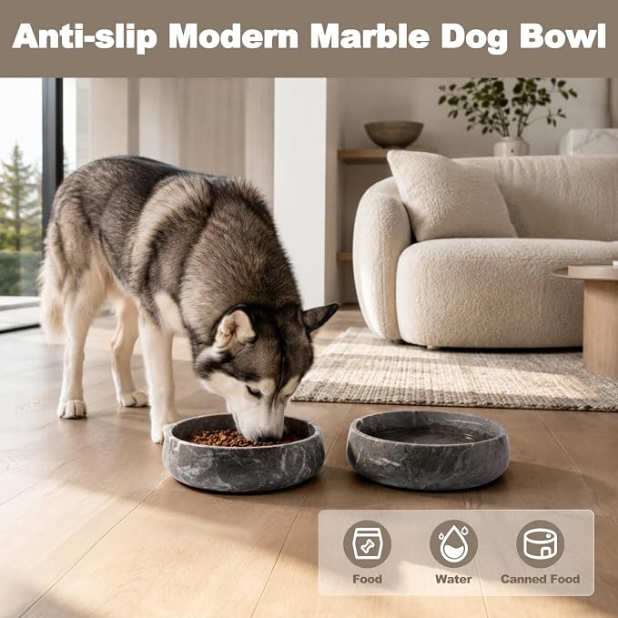 Karibiber Marble Dog Bowl, 6lbs Weighted Dog Food Bowl, Non-Slip Large Heavy Water Bowls, Grey Stone Food and Water Dish for Medium Dogs, Natural Marble, Easy to Clean, Holds 6 Cups
