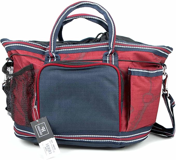 Jeffers Poplar Head Grooming Bag – Horse Grooming Organizer Tote with Pockets for Brushes, Tools, Clippers, Shampoo, Detangler – Stable Barn Kit Carrier for Horses, Pets, Merlot Snaffles & Irons