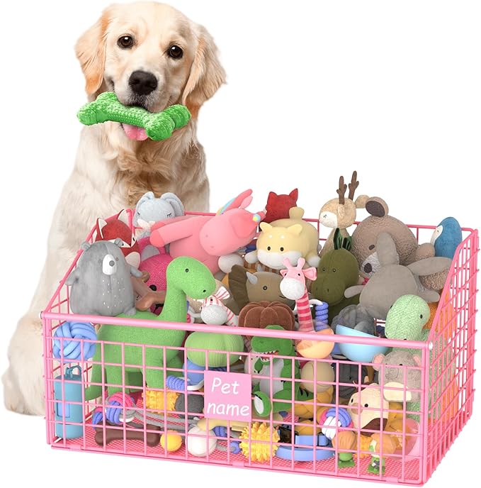 Kaiferty Indestructible Dog Toy basket, Large Toy Bin for Dogs,Pet Toy Bin Dog Metal Basket Organizer Storage for Toys Food Storage (Pink)