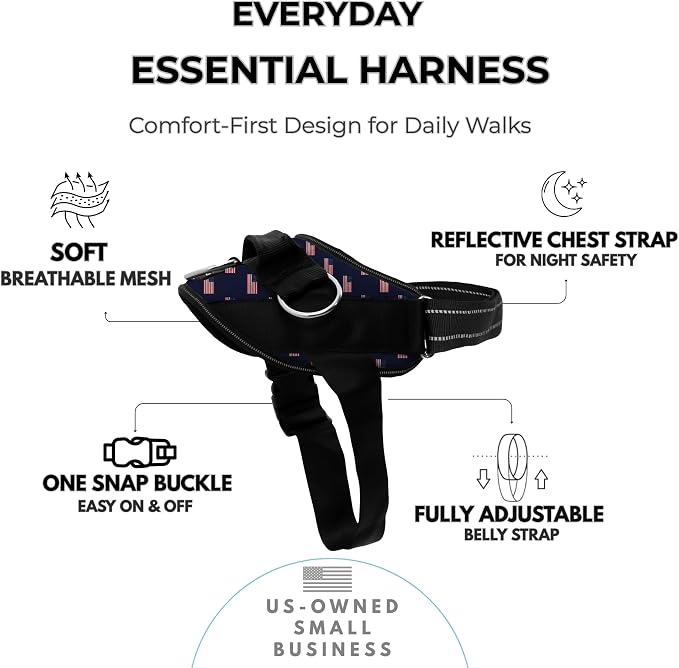 ShawnCo Essential Dog Harness, No-Pull Pet Vest (USA Flag,XL) | 3 Leash Clips, Easy On, No-Choke, Reflective, Adjustable Fit, Padded Comfort, Control Handle, For Small, Medium & Large Dogs