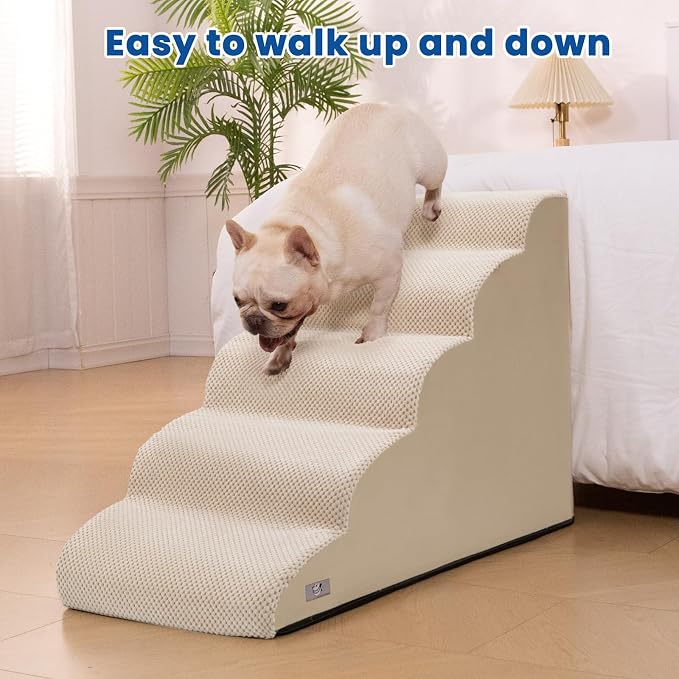 Dog Stairs for High Beds 22.4" H,5-Step Pet Ramp for Small & Medium Dogs | Airpanda Dog Steps with Washable Cover & High-Density Foam,Gentle Curved Design,Ideal for Senior & Short-Legged Dogs,Beige