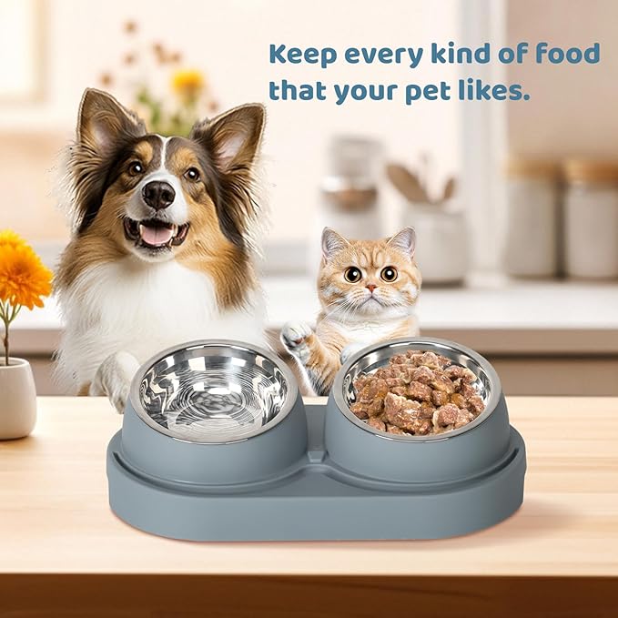 UBPET Cat Feeder and Water Dispenser, 2025 Upgraded Cat Feeder with Stainless Steel Bowls, Pet Food Dispenser for Cats and Small Dogs, Easy to Clean(White and Gray)