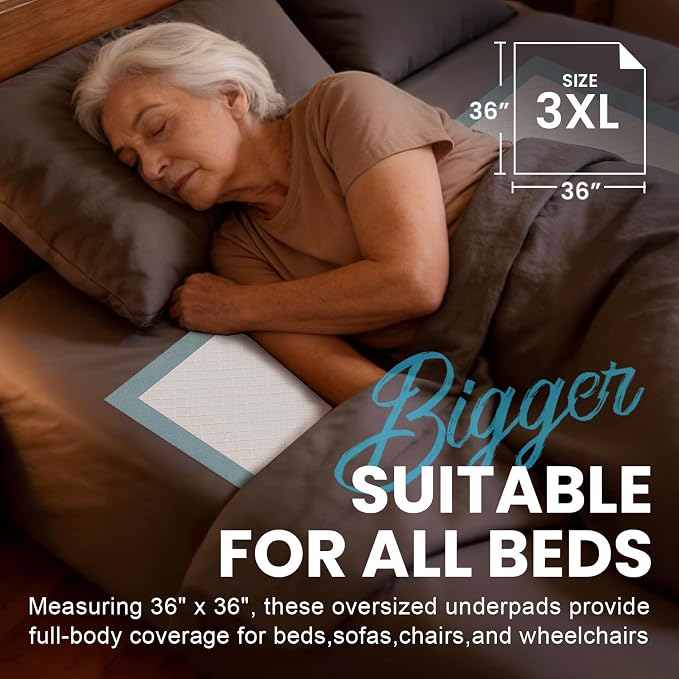MILDPLUS Heavy Duty Underpad 36''x36'' 50 Count (Blue) | 125 Grams Extra Large Chucks Pads 3XL Disposable Bed Pads, Super Absorbent Incontinence Pads for Adults, Kids, Pee Pads