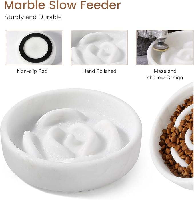 Karibiber Marble Slow Feeder Dog Bowl, White Puppy Puzzle Dish for Small Dogs Cats, Heavy Non-Slip Stone Dog Food Bowl, Anti-Choke Bloat Stop Maze