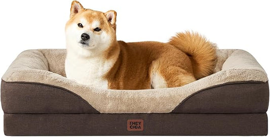 EHEYCIGA Orthopedic Dog Bed for Large Sized Dog, 36x27 Inch Large Memory Foam Dog Couch Bed with Sides, Waterproof Liner & Washable Removable Cover, Bolster Pet Sofa, Brown
