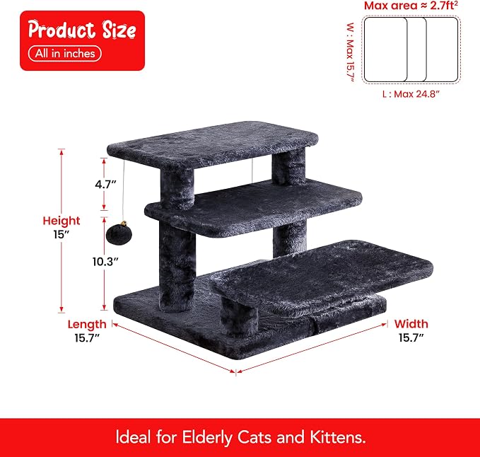 15''H Multi-Step Pet Stairs for High Beds & Sofas, 3-Step Cat Stairs with 2 Toy Balls, Wide Boards for Indoor Kittens Dogs Pets Climbing, Smoky Grey