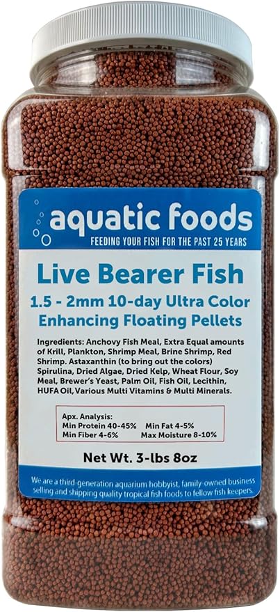 Aquatic Foods Inc. Live Bearer Ultra Red Color Enhancing 1.5mm-2mm Floating Pellets. Color Enhancing in 10-Days for Swordtails, Platies, All Live Bearers…3-lbs 8oz Large Jar