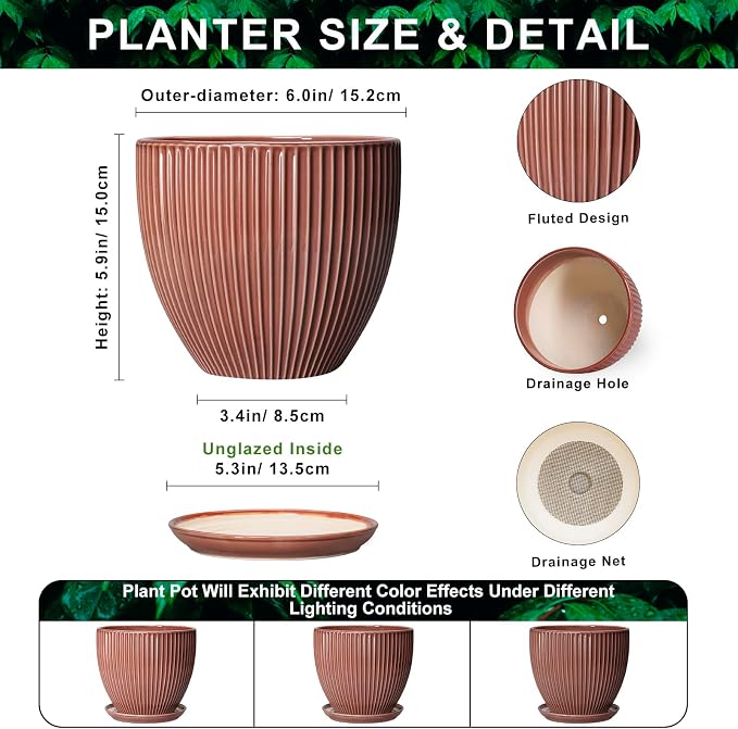 Ceramic Pots for Plants 6 Inch, Ceramic Plant Pots Indoor with Drainage Hole and Saucer, Modern Flower Pot, Round Decorative Planter, Living Room Home Decor, House Warming Gifts, Rust Red