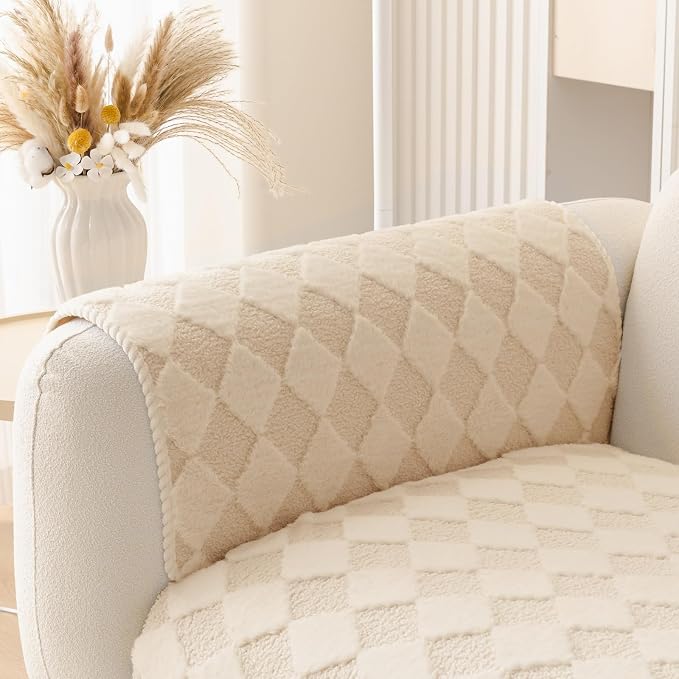 HANDONTIME Non-Slip Pet Couch Cover Washable, Plush Faux Fur Couch Protector for Cushion Pet-Friendly Sofa Covers for Dogs, Checkered Diamond Sectional Covers Dog Mat for Sofa (Khaki, 35.6" x 35.6")