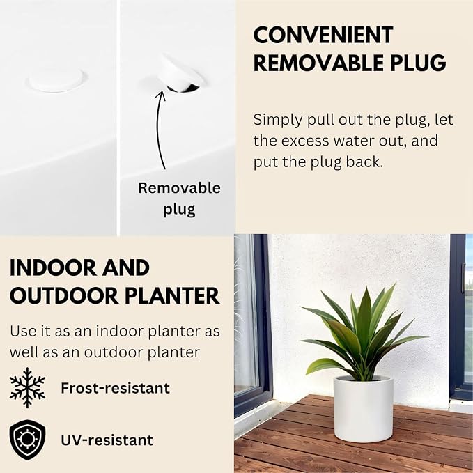 Fox & Fern Large Indoor Planter, Modern Large Plant Pot for Indoor or Outdoor, UV and Frost Resistant - Set of 3: 8, 10, 11.8 Inch, White Flower Pot with Drainage Plug, Lightweight