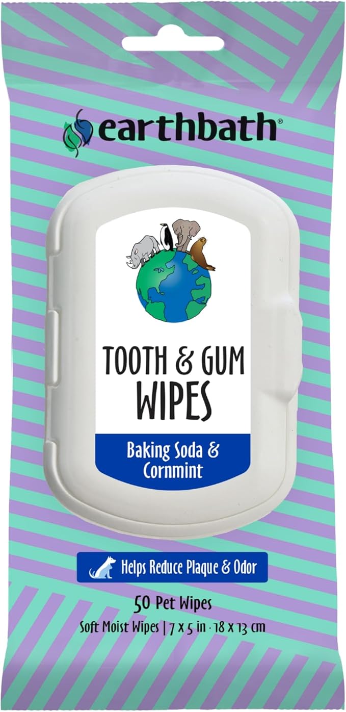 earthbath Tooth & Gum Wipes - Peppermint Dog Teeth Cleaning Wipes, No Brush Pet Dental Finger Swab for Dog and Cat Teeth Cleaning, Made in USA - Baking Soda & Cornmint, 50 Count
