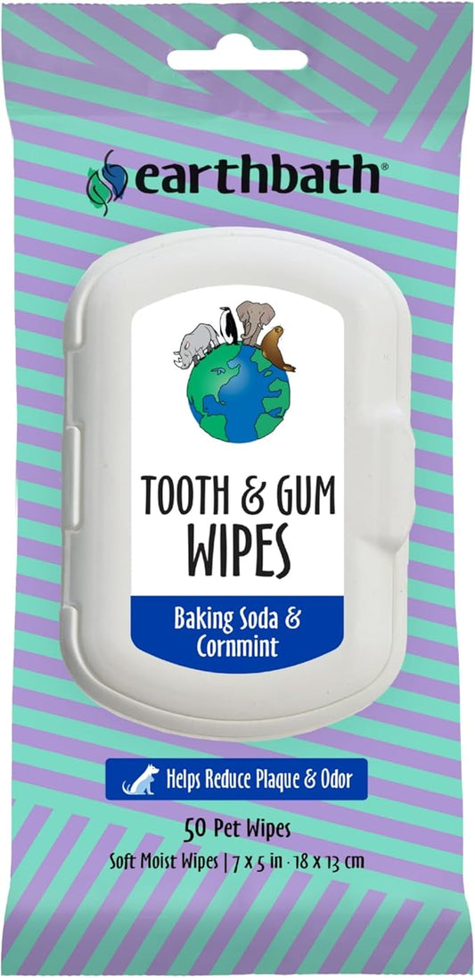 earthbath Tooth & Gum Wipes - Peppermint Dog Teeth Cleaning Wipes, No Brush Pet Dental Finger Swab for Dog and Cat Teeth Cleaning, Made in USA - Baking Soda & Cornmint, 50 Count