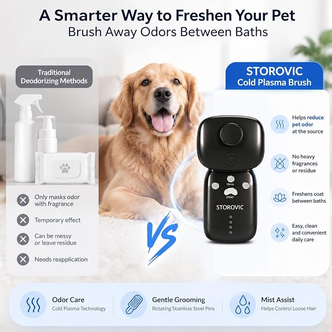 Dog Odor Remover Brush for Dogs & Cats, Cold Plasma Pet Freshening Brush, Helps Reduce Pet Smell Between Baths, Deshedding Comb with Rotating Adjustable Stainless Steel Pins