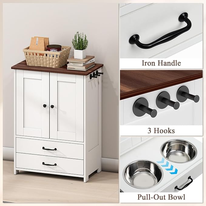 Rovibek Dog Feeding Station with Storage Cabinet - Elevated Dog Bowls with Storage Drawers, Pet Storage Cabinet with Leash Hooks, Pet Organizers for Food & Supplies