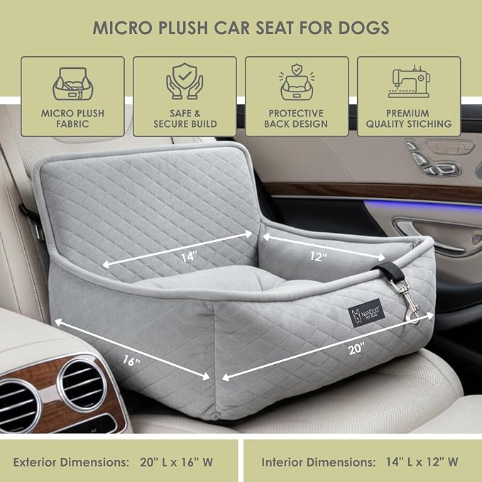 NANDOG Luxury Dog Car Seat Bed for Small Dogs, Soft Micro Plush Pet Seat with Removable & Washable Cushion Insert, Thick Safety Seatbelt Straps, Secure Travel Carrier, Light Grey, 20" L x 16" W