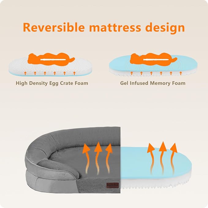 Dwanton Orthopedic Dog Bed for Large Dogs with Gel Memory Foam, Waterproof Dog Sofa, Washable Pet Bed with Four Sided Bolster Cushion, Removable Cover & Non-Slip Bottom, 42", Medium Grey