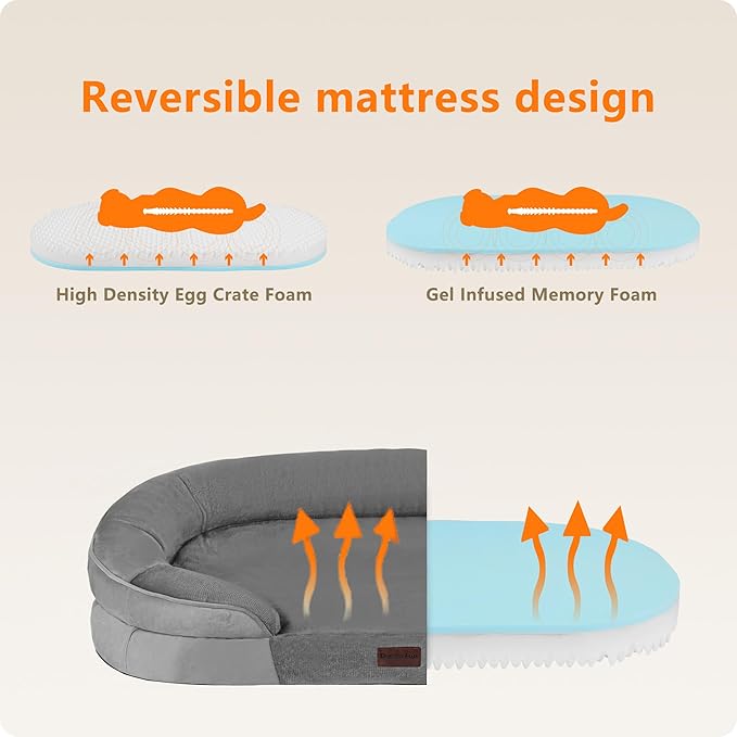 Dwanton Orthopedic Dog Bed for Medium Dogs with Gel Memory Foam, Waterproof Dog Sofa, Washable Pet Bed with Four Sided Bolster Cushion, Removable Cover & Non-Slip Bottom, 36", Medium Grey