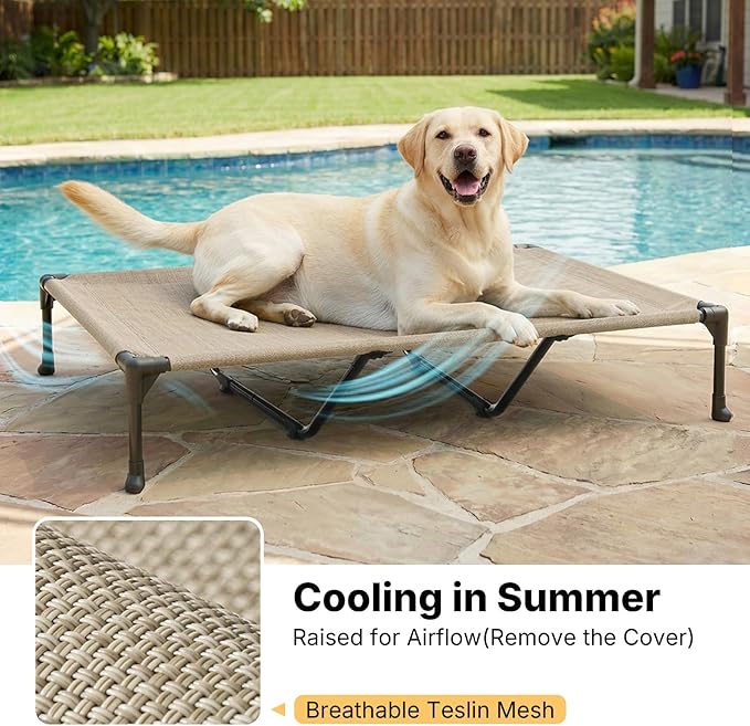 Veehoo Cooling Elevated Dog Bed Add Removable Waterproof Bolster Cushion Mat, Raised Pet Cot with Breathable Teslin Mesh, No-Slip Feet, Dog Couch Bed for Indoor Outdoor, 59x37.5inches, Beige, CWC2331B