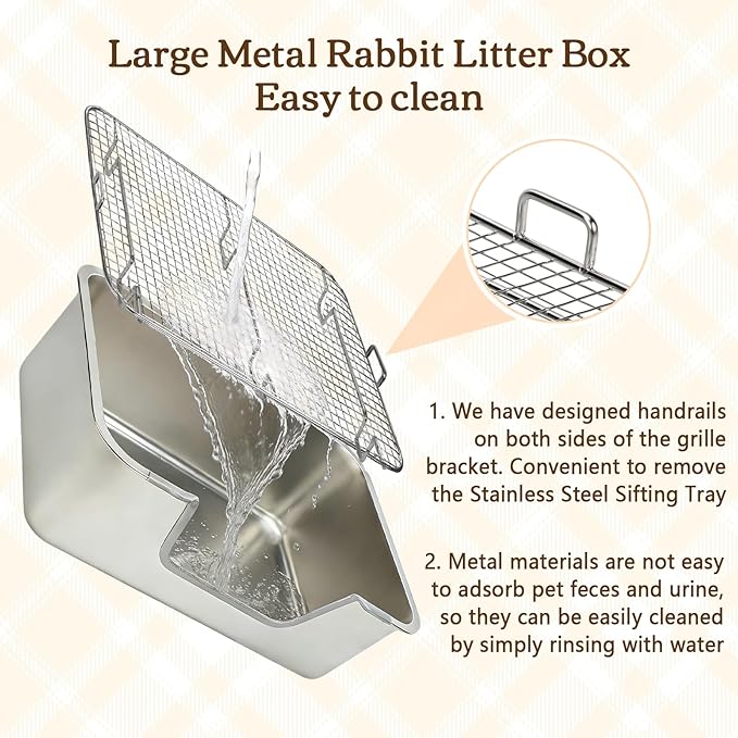 Rypet Large Rabbit Litter Box, Bunny Litter Box High Side with 304 Stainless Steel Sifting Tray, Metal Small Animal Litter Pan with Pet Food Bowl and Water Bottle, Non-Slip Easy to Clean Odor Control