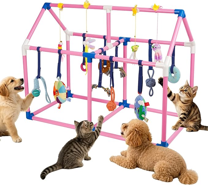Liitrton Puppy Play Gym for Small Dogs & Kittens, Large PVC Pink Frame | Indoor Puppy Jungle Gym with 14 Hanging Enrichment Toys, Reduce Puppy & Cats Boredom