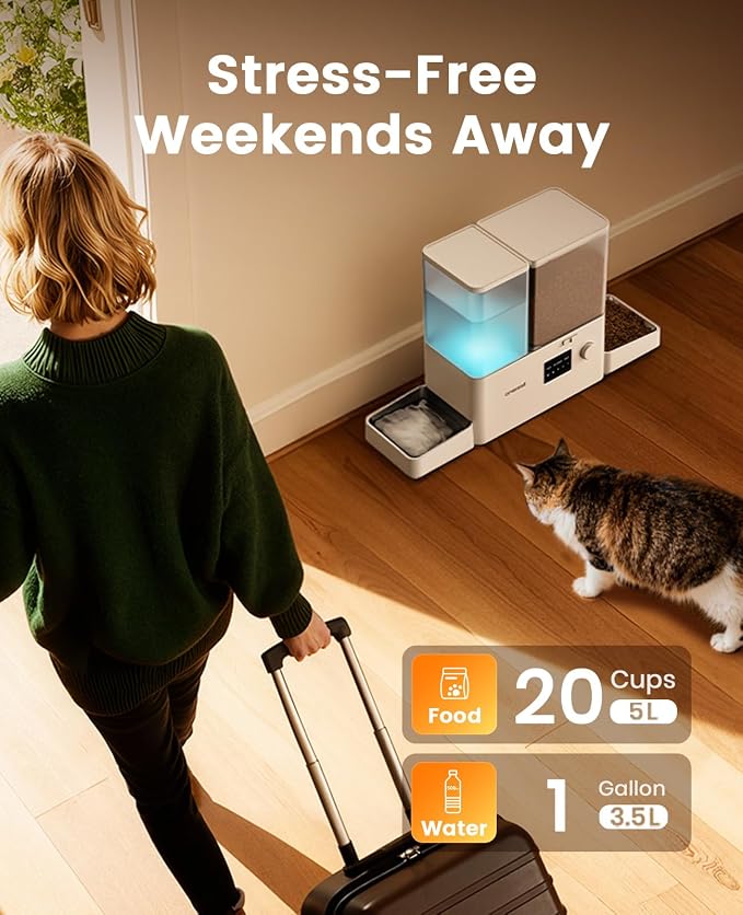 oneisall 5G WiFi Automatic Cat Feeder and Water Dispenser, 36Cups/8.5L | App Control, 2-in-1 Auto Cat Feeder, Gravity Water Dispenser, Large Capacity, Smart Cat Feeder for Dry Food, for Cats, Pets