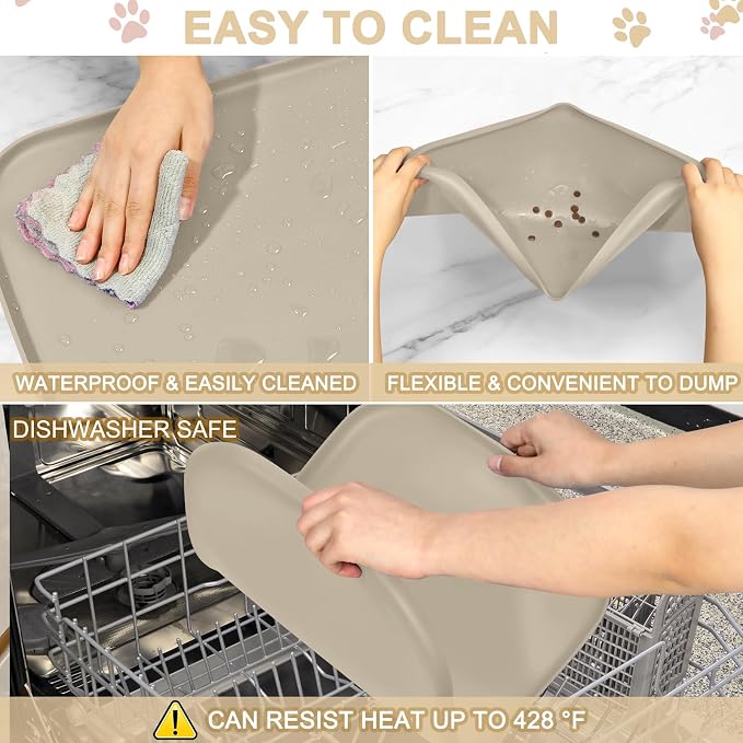 SMILOOL Waterproof Silicone Pet Food Mat with Raised Edge for Dog & Cat | 24" x 16" Non-Slip Pet Feeding Mats with Lip for Food & Water Bowl, Food Grade, Easy Cleaning, Beige