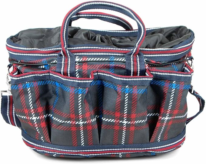 Jeffers Poplar Head Grooming Bag – Horse Grooming Organizer Tote with Pockets for Brushes, Tools, Clippers, Shampoo, Detangler – Stable Barn Kit Carrier for Horses, Pets, Navy & Merlot Plaid