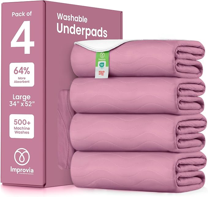 IMPROVIA® Washable Underpads, Heavy Absorbency Reusable Incontinence Pads for Kids, Adults, Elderly, and Pets, Waterproof Protection Floor (Pink, 34"x52" (Pack of 4))