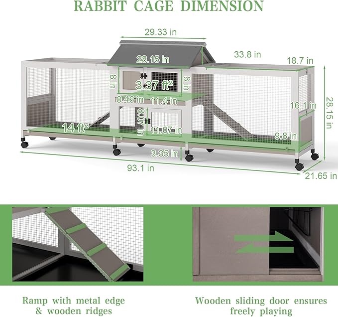 Gowoodhut 2-Story 93.1"L Rabbit Hutch Indoor and Outdoor with 8 Wheels,Wooden Rabbit Cage with 4 Pull Out Leak-Proof Trays for 2-4 Rabbits,Bunny Hutch with Asphalt Roof Bunny Cage with 7 Accesses,Grey