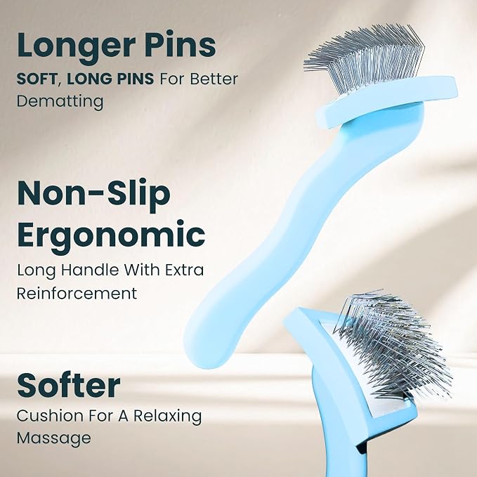 Pet Slicker Brush With Soft Massage Grooming Stainless Steel Pins - For Dematting, Shedding Fur, and Undercoat - Ideal Gift for Professional Pet Groomers - Long Slicker Brush (Blue, Curved Small)